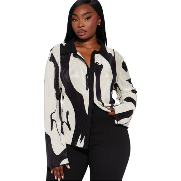 Fashion Nova Tops - Fashion Nova 3X Zahara Button Down Abstract Shirt Top Long Sleeve Collar NWT